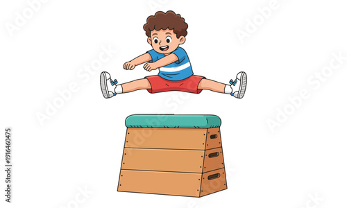 Boy Straddle Jump Over Gymnastics Vaulting Box Cartoon Illustration