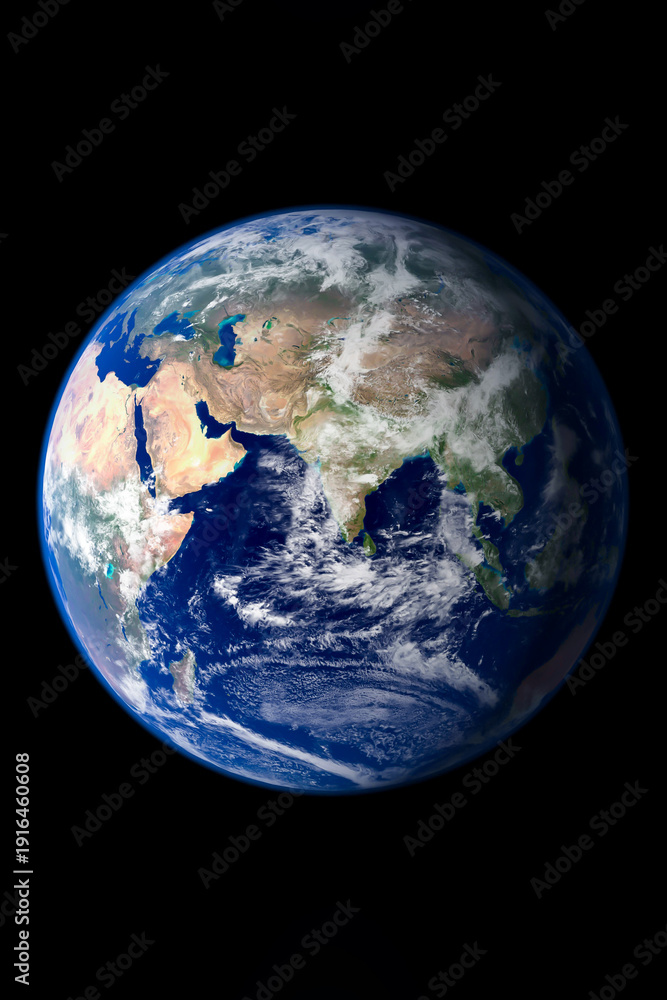 Fototapeta premium Earth from space view of Europe Africa and Asia on vertical black background. Elements of this image furnished by NASA.