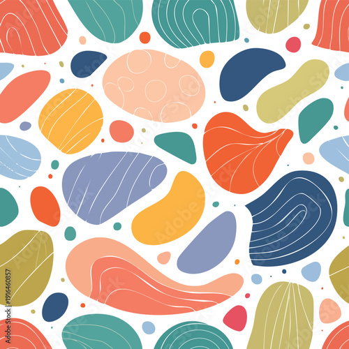 Colorful abstract shapes and patterns on white background.