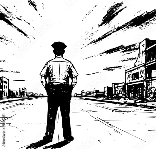 Sketch a police man of his back in city silhouette