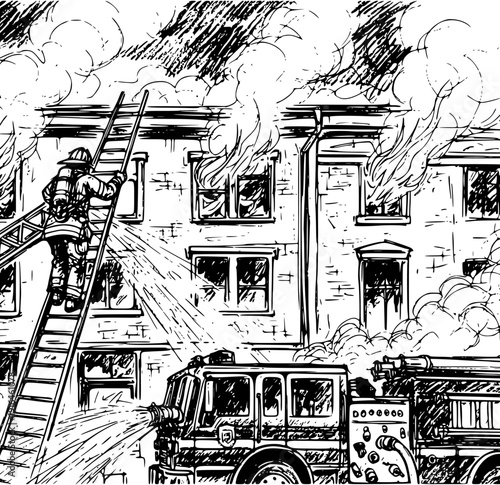 Firefighters silhouette working, climbing ladders, firetruck emergency, fire hose, rescue operation, fire safety, emergency response, firefighter team, ladder climbing