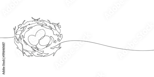 Minimal line illustration of a bird nest with eggs inside, symbolizing spring, motherhood, new life, nature, and Easter renewal