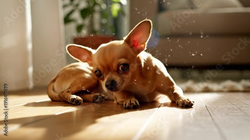 Cute Chihuahua Dog Lounging on Hardwood Floor Shedding with Sunlit Backdrop