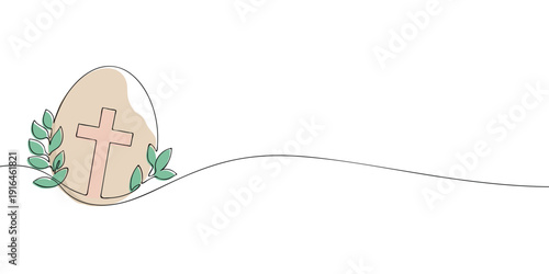 Minimal illustration of an Easter egg with a Christian cross and green leaves, symbolizing resurrection, faith, spring, and religious Easter celebration