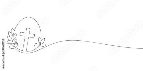 Minimal line illustration of an Easter egg with a Christian cross and decorative leaves, symbolizing faith, resurrection, hope, and spring celebration
