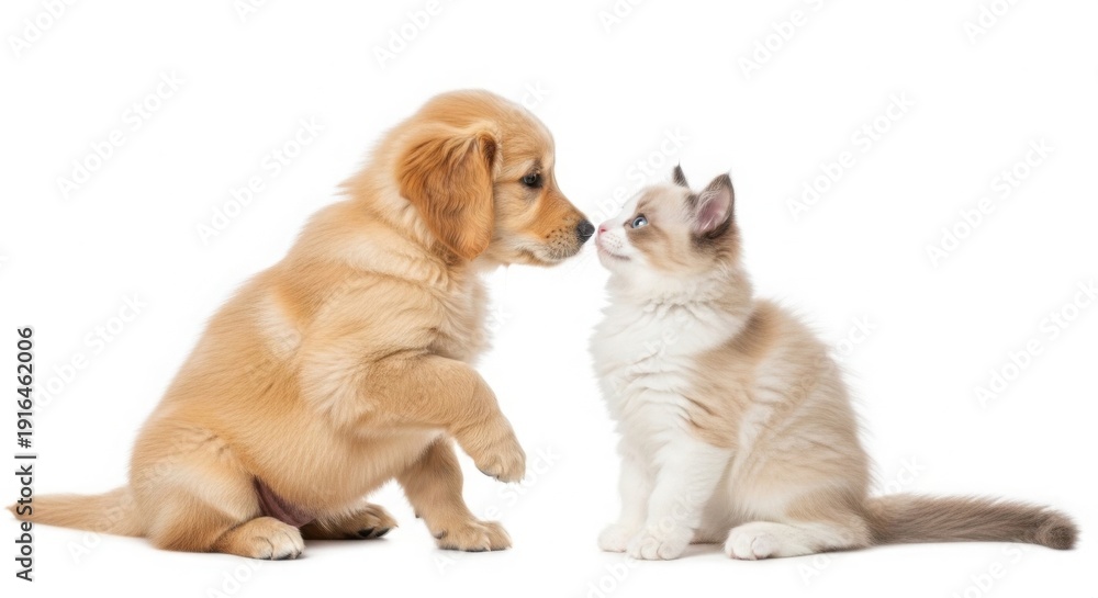 Fototapeta premium Golden Retriever puppy and fluffy kitten meeting, adorable young pets interacting, domestic baby animals friendship concept isolated PNG with Transparent Background