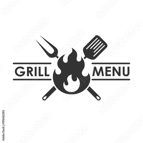 Grill menu graphic logo design template. Crossed barbecue tools, flame and text. Symbol isolated on white background. Vector illustration