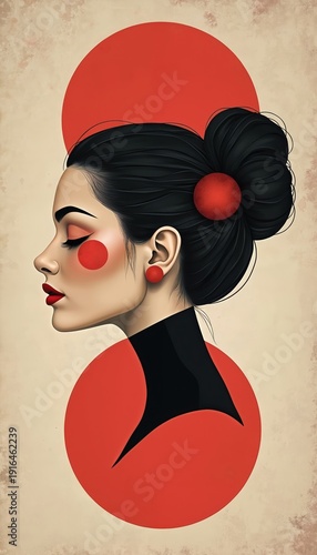 Elegant woman profile with dark hair bun and red accents. Abstract modernist collage art with clean lines and bold geometric shapes. Beauty and style concept.