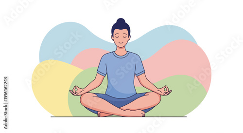 A serene illustration of a person meditating in a lotus position with closed eyes and hands in mudra, set against a soft, abstract, colorful background.