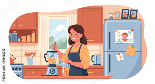 Woman preparing smoothie in kitchen healthy lifestyle illustration.
