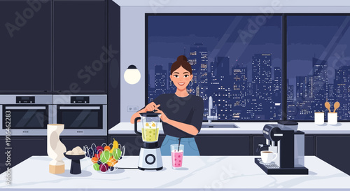 Woman preparing smoothie in modern kitchen at night.