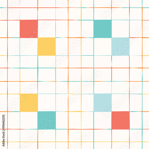 Colorful grid pattern with pastel squares and intersecting lines.