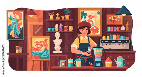 Barista preparing a smoothie in a cozy cafe setting.