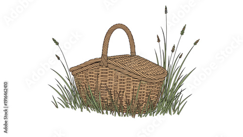 Charming illustration of a traditional wicker picnic basket with a lid sitting among tall green grass and wildflowers for summer.