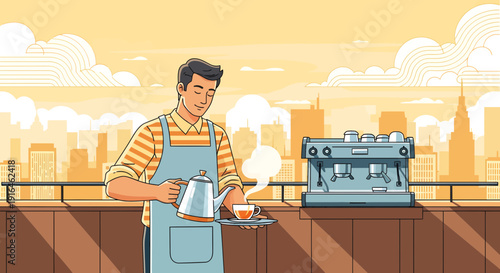 Barista Preparing Coffee with Espresso Machine on Rooftop.