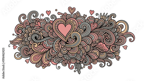 Ornate doodle illustration featuring a large central heart surrounded by complex swirls waves and smaller hearts in soft muted tones.