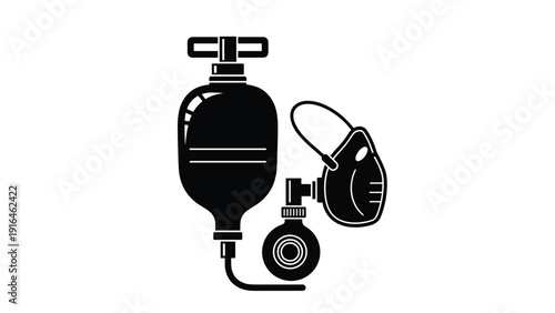 Black and white illustration of a medical manual resuscitator bag and mask used for emergency breathing assistance and healthcare.