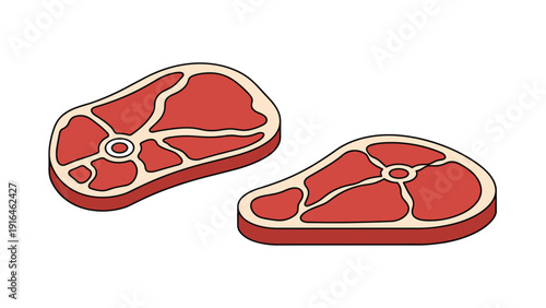 Illustration of two raw red steaks with white marbling and bone showing for culinary butcher shop and food preparation themes.