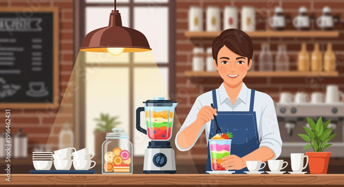Barista Preparing Layered Smoothie in Cafe Focus on the Subject.