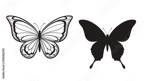 Comparison illustration showing an intricate butterfly line drawing next to its solid black silhouette for versatile design use.