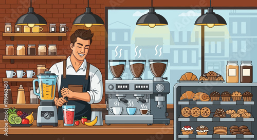 Barista preparing smoothie at cafe counter with coffee machine.