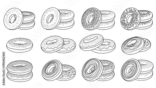 Assortment of twelve hand drawn bagel sketches showing various toppings and textures in pairs for bakery and breakfast menu design.