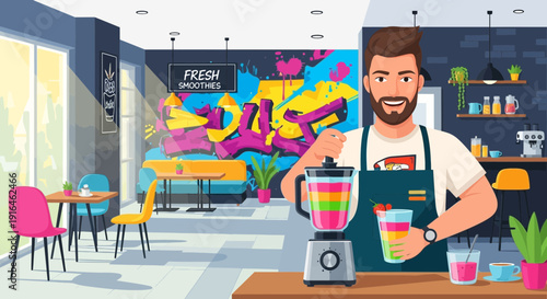 Bearded Man Preparing Colorful Smoothie in Blender at Juice Bar.