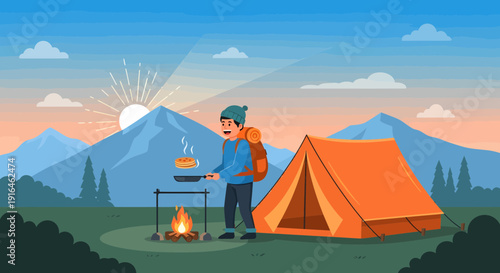 Camping Breakfast Man Cooking Pancakes by Tent in Mountain Landscape.