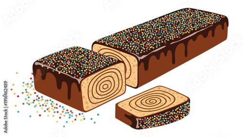 Delicious chocolate drizzle cake with colorful sprinkles and a spiral interior shown whole and in slices for dessert and bakery.