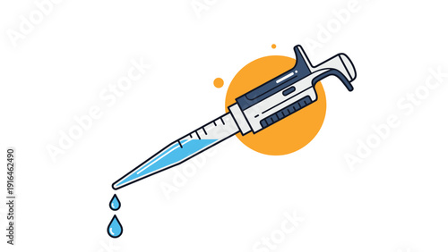 Modern illustration of a laboratory pipette dispensing blue liquid with a vibrant orange circle background for scientific research.