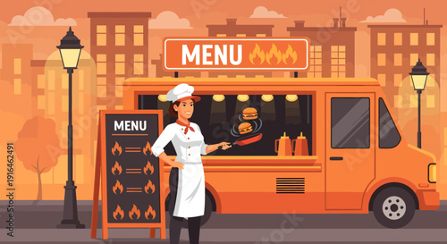 Chef at Food Truck Preparing Meal with Menu Board.