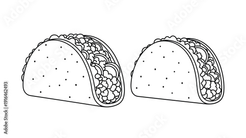 Two delicious Mexican tacos with fresh toppings and meat fillings are displayed side-by-side in this simple black and white line art illustration.
