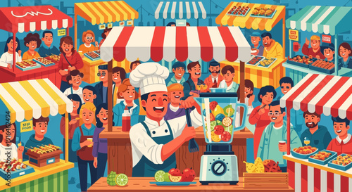 Chef at a bustling market preparing a smoothie with fresh ingredients.