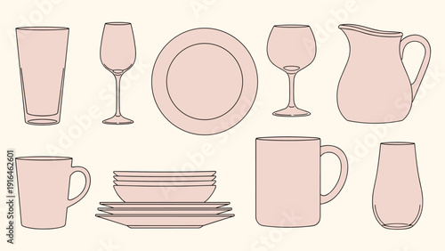 Comprehensive set of kitchenware silhouettes in a muted pink color including plates, bowls, mugs, glasses, and a pitcher for dining and home decor.