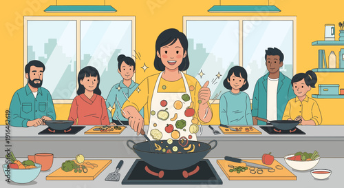 Cooking Class with Diverse Group Learning StirFry Techniques.