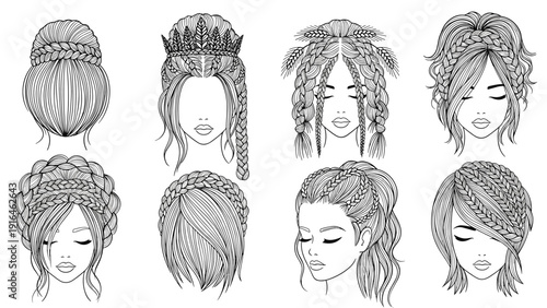Collection of eight highly detailed black and white line art illustrations of intricate braided hairstyles with floral and wheat-like accessories.