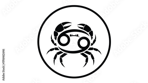 Circular black icon featuring the Cancer zodiac sign symbol integrated with a stylized crab silhouette for astrological and horoscope-related designs.