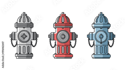 Simple color illustration set featuring three identical fire hydrants in gray, red, and blue colors to represent fire safety and infrastructure.