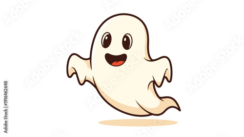 Friendly cartoon ghost character with a happy expression and open mouth flying against a clean white background.