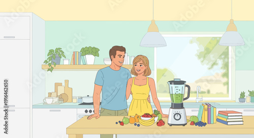 Couple preparing smoothie in kitchen healthy lifestyle illustration.
