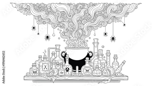 Highly detailed black and white line art illustration featuring a witch-s cauldron surrounded by mysterious potion bottles, spiders, and smoke.