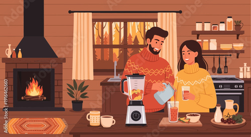 Cozy Kitchen Scene Couple Making Smoothies by the Fireplace.