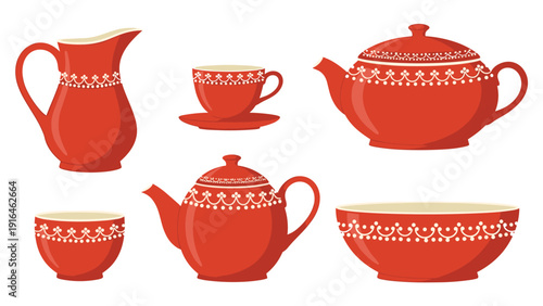Elegant red ceramic tea set collection with intricate white ornamental lace patterns including teapots, cups, and bowls.