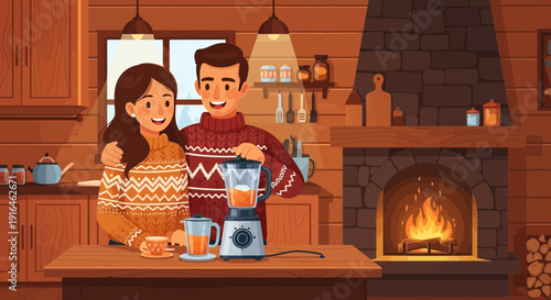 Cozy Couple Making Smoothies by the Fireplace Illustration.