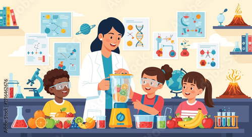 Enthusiastic Students and Teacher Conducting a Science Experiment with Fruits.