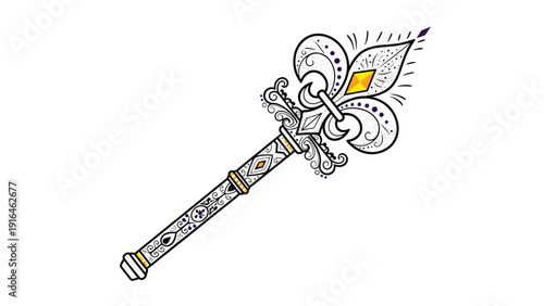 Ornate fleur-de-lis scepter with purple and yellow gemstone accents against a white background featuring detailed line work.