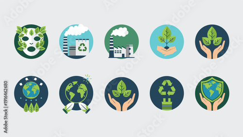 Green ecology and environmental sustainability icons set featuring recycling symbols, clean energy factories, and earth protection.