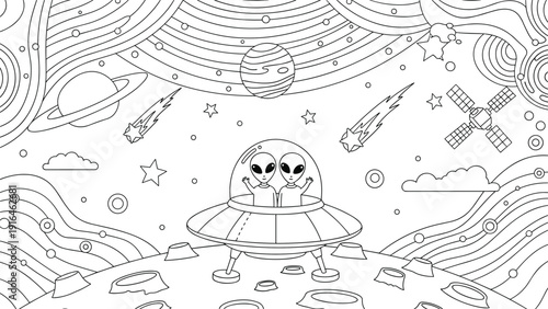 Space exploration coloring page showing two aliens in a flying saucer orbiting a cratered moon with planets and stars.