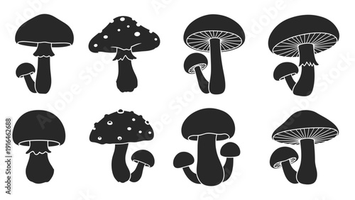 Selection of eight solid black mushroom silhouettes displays various cap shapes and stem styles for use in nature themed graphic design projects.