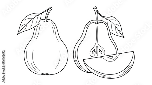 Minimalist line art depicts a whole pear alongside a half cut version and a small slice to represent healthy fruit in a simple and clean manner.
